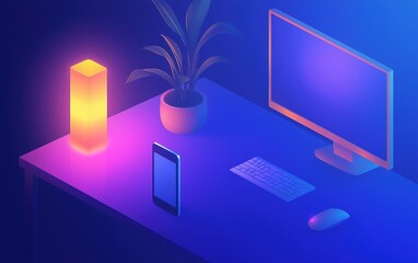 Poster - A modern workspace featuring a glowing lamp, laptop, potted plant, and vibrant lighting