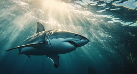 Wall Mural - A great white shark gliding gracefully through sunlit ocean depths in vibrant blue waters