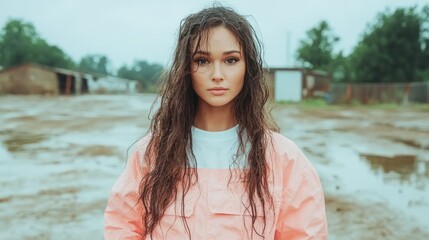 A young woman in a bright orange jumpsuit stands in a muddy field, holding a stick. She looks determined.