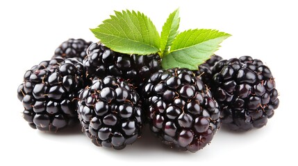 Wall Mural - Ripe blackberries with green leaves isolated on white background