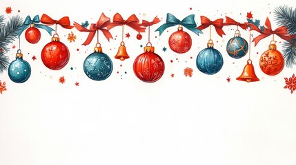 Wall Mural - Colorful holiday decorations with shiny ornaments and ribbons on a white background