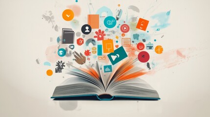 Poster - A powerful visual of inclusive storytelling, depicting a book with pages that transform into a diverse range of symbols and icons, Representing the richness of stories from various perspectives