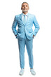 © iridescentstreet - Man in light blue suit with white shirt and sneakers posing confidently against a white background