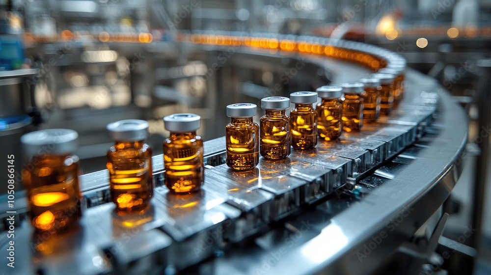 Medical vials move on conveyor belt in pharmaceutical factory, glass ...