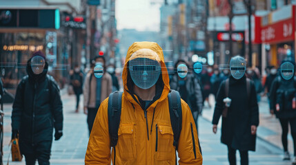 Poster - Facial recognition technology and people walking on street, faces with digital data. Concept of identification, city, id,