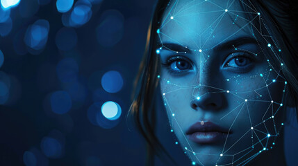 Poster - Facial recognition technology, face of young woman with lines of biometric digital data on dark blue background. Concept of identification, person, id, verification