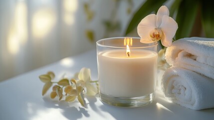 Poster - Burning candle illuminates an orchid and towels, creating a tranquil spa vibe. Perfect for relaxation and self care themes