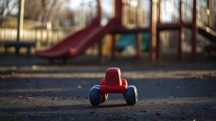 Poster - A solitary child’s toy in an empty playground, representing child poverty and neglect, minimalist style