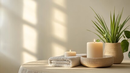 Poster - Two burning candles and a rolled towel are lying on a table, creating a relaxing atmosphere for a spa treatment. The sunlight is coming from the window