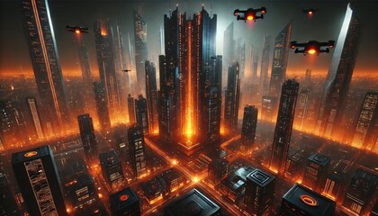 Leinwandbilder - Futuristic city skyline glowing with orange lights and flying drones
