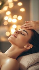 Poster - Masseuse is giving a head massage to a young woman in a spa center with candles in the background, creating a relaxing and peaceful atmosphere
