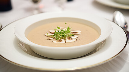 Wall Mural - Mushroom cream soup in a restaurant, English countryside exquisite cuisine menu, culinary art food and fine dining experience