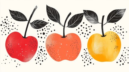 Hand-drawn cherries and apples, colorful abstract minimal style, vector illustration