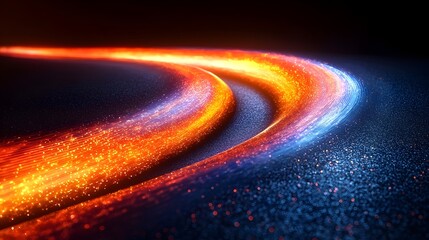 Poster - A stunning abstract representation of glowing light trails in orange and blue, creating a vibrant and dynamic feel against a dark background. Perfect for technology-themed designs.