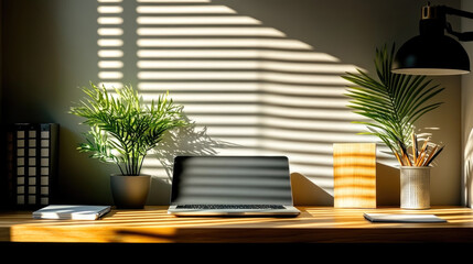 Aufkleber - Sunlight streams through the window, creating beautiful shadows on a wooden desk adorned with plants and stationery in a cozy workspace