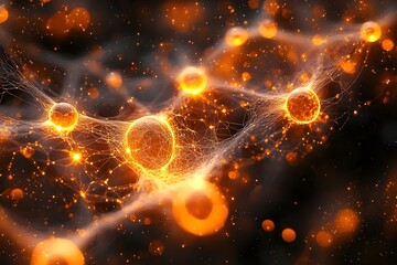 Poster - An abstract visualization of glowing neurons interconnected by fine fibers, showcasing vibrant orange and yellow hues against a dark background, evoking a sense of energy and connectivity.