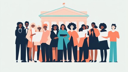 Poster - A striking visual of social justice, showing a diverse group of people standing together in front of a courthouse, Symbolizing the fight for fairness and equality