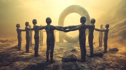 Poster - A surreal landscape with abstract figures embracing in a circle, Signifying unity and mutual respect in diverse relationships, photography style