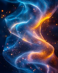 Poster - A dynamic swirl of vibrant blue and orange particles creates a captivating abstract design. The flowing forms evoke a sense of energy and motion against a dark backdrop.