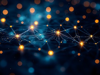 Poster - An abstract representation of a network of glowing interconnected nodes, showcasing vibrant orange and blue lights that create a futuristic and technological atmosphere.