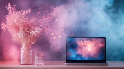 A stylish arrangement of delicate pink flowers in a jar placed near a laptop showing abstract visuals, juxtaposing organic elements with digital art in a soft setting.