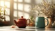 © Dulemegapixel - A tranquil morning scene, capturing a red teapot and mug by a window, evokes a sense of calm and warmth in this peaceful domestic moment.