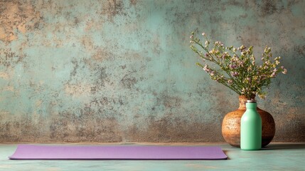 A peaceful yoga mat pairs with a tall brown vase containing blossoms, set against a textured wall, offering a serene ambiance ideal for mindfulness and calm themes.