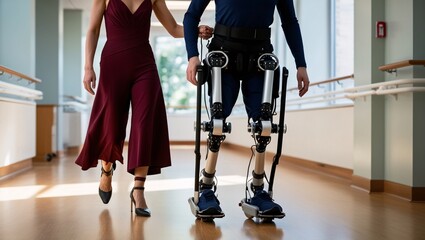 A man uses a robotic exoskeleton to walk alongside a woman in a rehabilitation center, showcasing innovation in mobility and support. Their shared moment highlights progress in assistive technology