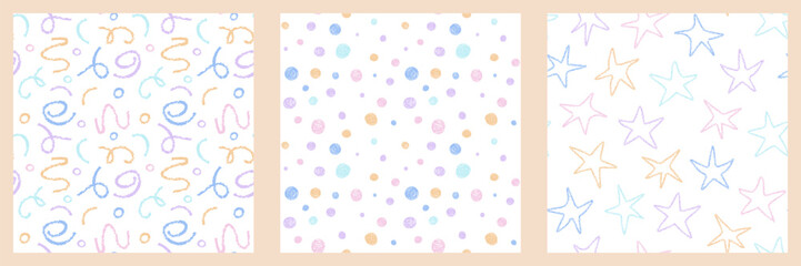Poster - Cute Child drawings seamless Pattern set. Scribble stars Dots in pastel colors background. Doodle Hand drawn Crayon Pencil texture. Template for kids scrapbook, packaging, textile print