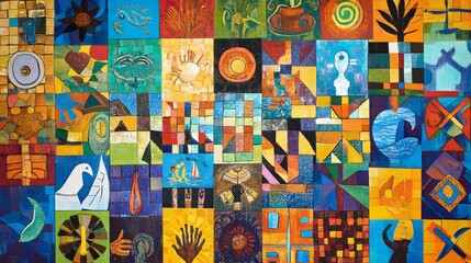 Aufkleber - A tapestry of cultural symbols woven into a vibrant mosaic, Reflecting the richness of global heritage and traditions, photography style