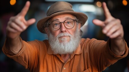 A bearded man wearing glasses and a vintage hat gestures thoughtfully towards the camera, capturing a candid moment filled with character and contemplative mood.