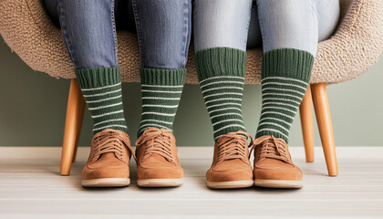 Two pairs of feet in cozy socks on a stylish chair, vibrant colors against a soft backdrop.