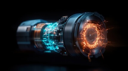 This futuristic image features a mechanical device with intricate, glowing elements in blue and orange, symbolizing technological advancement and innovation.