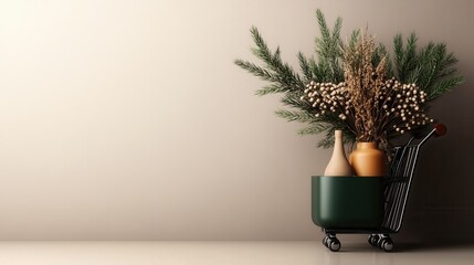 Two rustic vases filled with evergreen branches, set in a small, minimalist shopping cart against a neutral background, depicting natural decor elements.