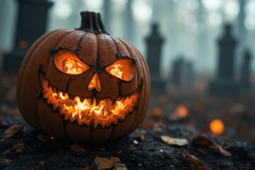 Halloween night. Pumpkin with sinister grimace and flames in gash in cemetery among graves. AI generative.