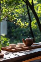 Sticker - Tea set on a wooden table by a window surrounded by greenery in a tranquil setting