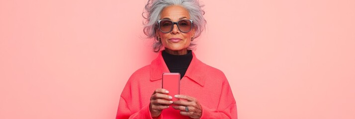 stylish senior woman with grey hair talking online using smartphone, modern lifestyle of the elderly, on light pastel background with copy space