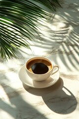 Canvas Print - Freshly brewed coffee with heart latte art surrounded by green palm leaves in natural light