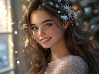 Wall Mural - A charming portrait of a young woman with a warm smile, set against a festive New Year’s backdrop. She has long, flowing hair adorned with delicate winter-themed accessories, such as snowflakes or sma