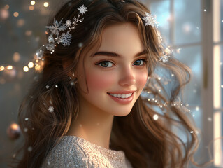 A charming portrait of a young woman with a warm smile, set against a festive New Year’s backdrop. She has long, flowing hair adorned with delicate winter-themed accessories, such as snowflakes or sma