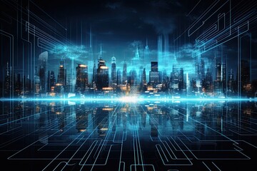 Poster - Futuristic city on electronic circuit background, development of modern digital technologies concept