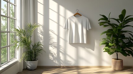 Poster - Bright Room with Hanging White T-Shirt and Plants