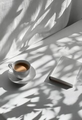 Poster - A morning cup of coffee on a table with sunlight casting gentle shadows in a cozy setting