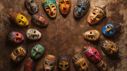 Aufkleber - A vivid depiction of a diverse array of cultural masks arranged in a circle, with each mask uniquely decorated, Symbolizing the celebration and respect for different identities