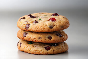 Three decadent, chewy fruitcake cookies stacked together, featuring chocolate chips and colorful dried fruits, create delightful and tempting treat. Perfect for any sweet tooth