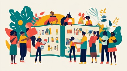 Aufkleber - A vivid scene of a diverse group of people sharing a large, colorful book filled with different cultural stories and illustrations