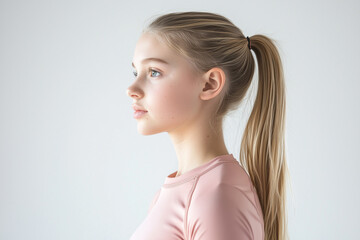  a blonde girl with a ponytail in a sporty pink top photo from the waist up on a white background