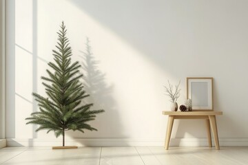 Poster - A decorated Christmas tree next to a wooden cabinet in a cozy, sunlit room during the holiday season