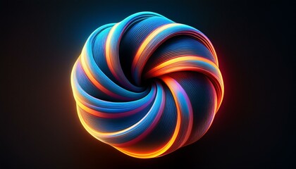 Wall Mural - 3d render abstract geometric flexible spiral colored with orange blue neon gradient simple curvy line isolated on black background primitive shape with grainy film noise effect