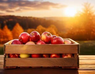 apples in wooden crate on table at sunset autumn and harvest concept